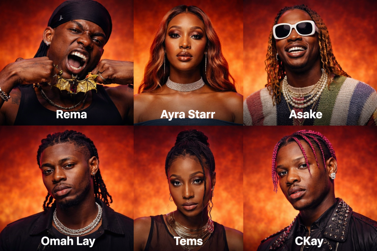 Rema, Ayra Starr, Asake, Omah Lay, Tems and Ckay