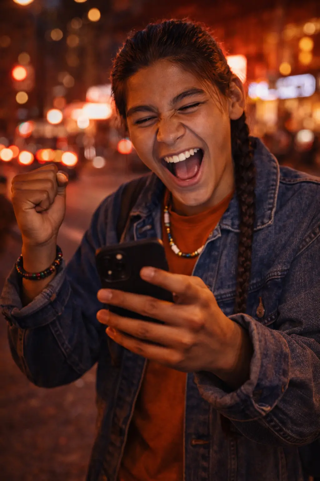 A native american user looking at his handy and smiling after receiving a message from one of the Afromusicfriends artist that he is following