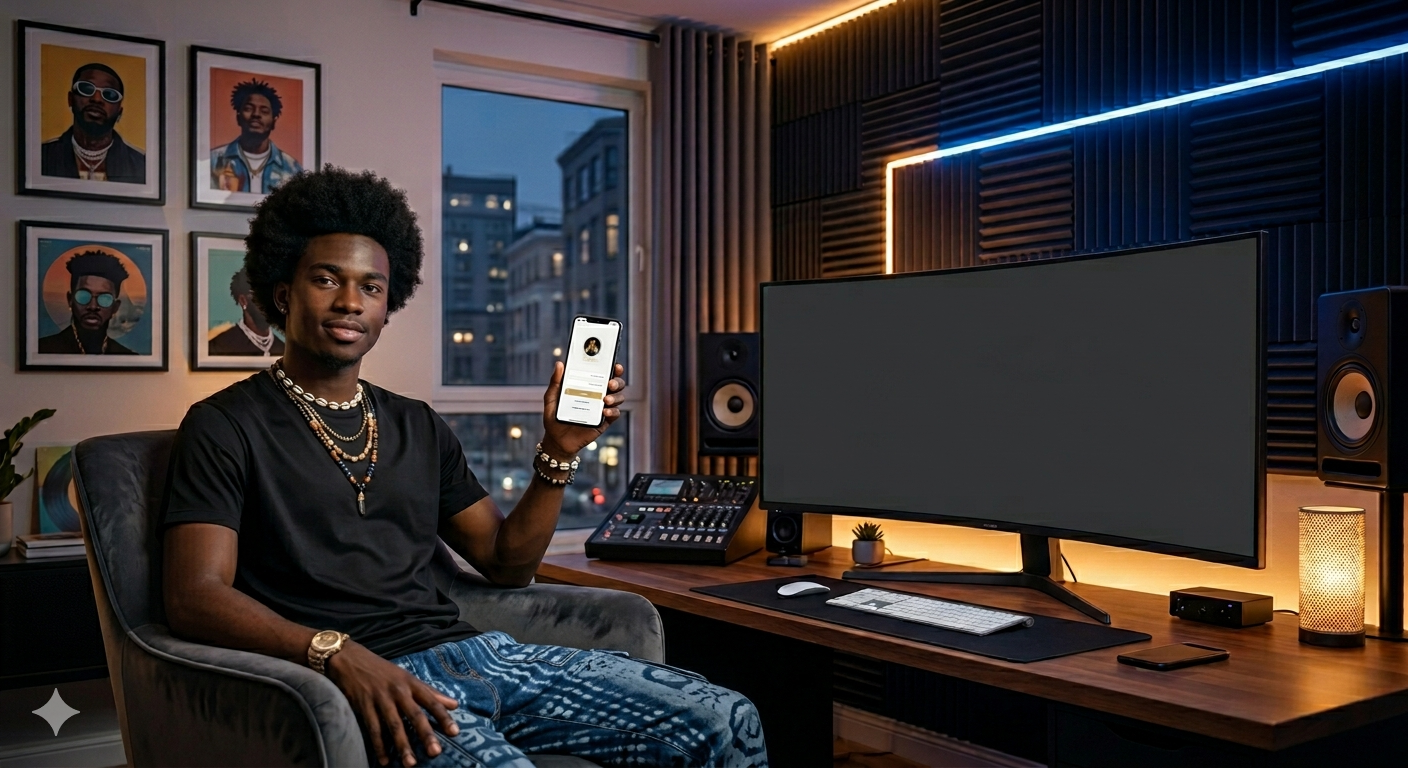 A black girl sharing her profile and playlist with her European and Asian BFFs